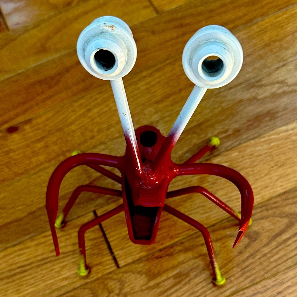 Red Metal Crab Sculpture Made from Tools
